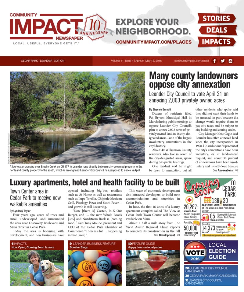 Cedar Park cover — April 2016