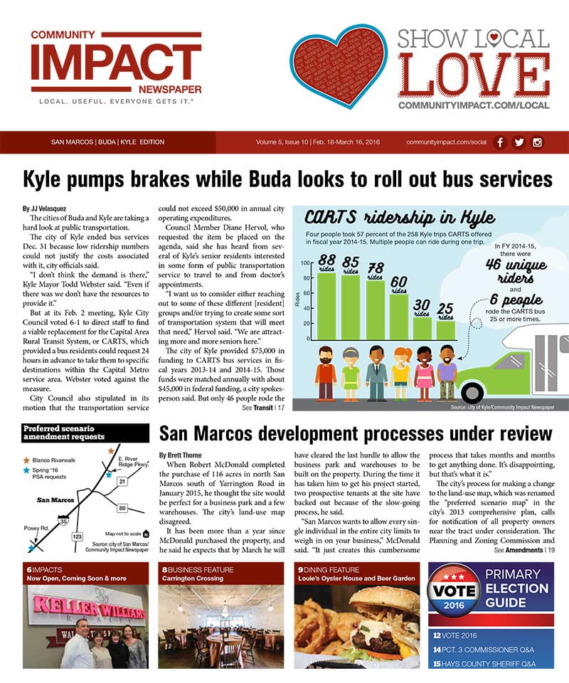 San Marcos - Buda - Kyle cover — February 2016