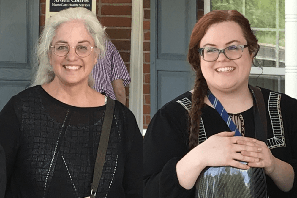 The two women pose side by side for a photo.