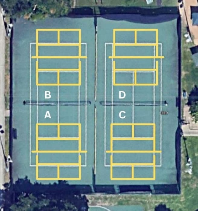 A photo of four pickleball court sketches
