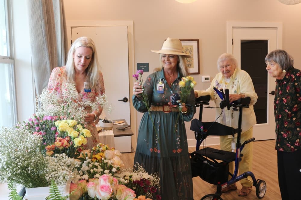 residents making flowers