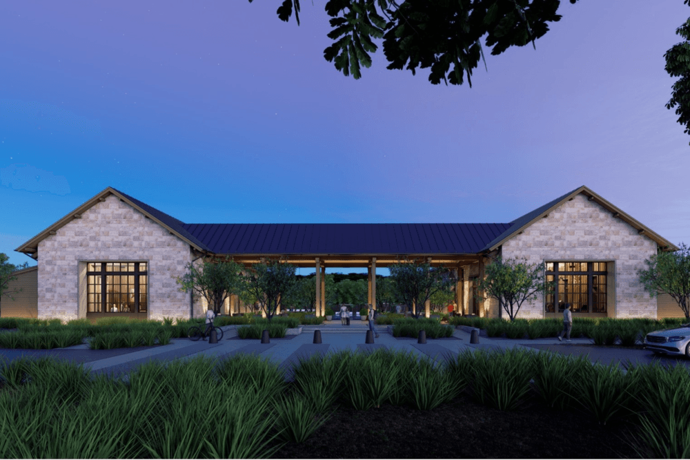 What is Ramble by Hillwood? Rendering of the Turtle Club amenity center at Ramble featuring an infinity pool, fitness center, event lawn, fishing dock and gathering spaces.