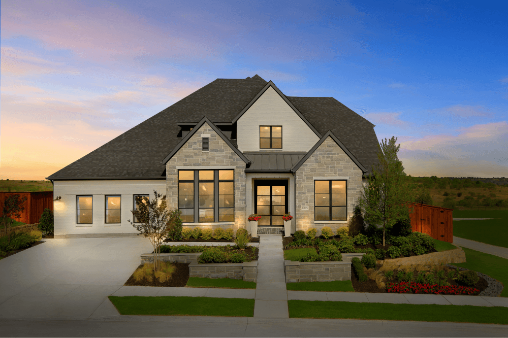 Model home at Ramble in Celina, Texas showcasing new construction homes by Hillwood Communities in a master-planned neighborhood.