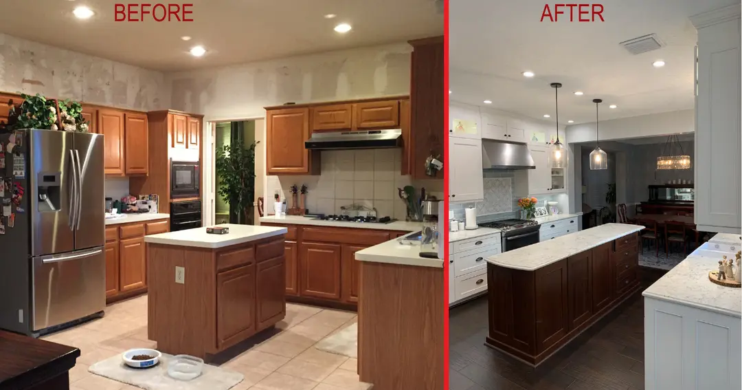 Before-and-after kitchen remodel: dated oak cabinets transformed into white cabinets with marble counters and pendant lighting.