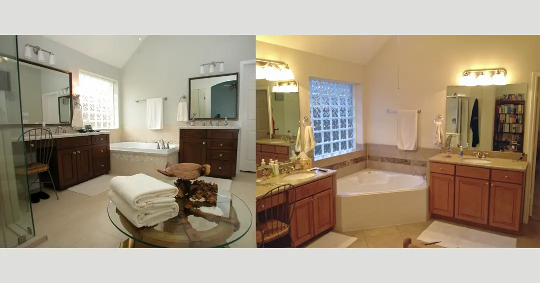 Side-by-side before and after views of a bathroom with wood vanities, corner tub, and glass block window.