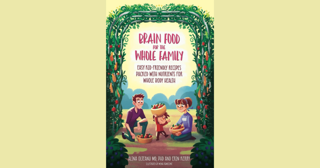 Book cover "Brain Food for the Whole Family" showing illustrated family gathering produce in a garden.