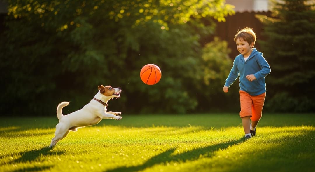 little boy playing with basketball in yard with dog