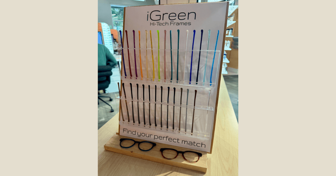 iGreen Hi-Tech Frames display with colorful eyeglass temples and two frames, reading "Find your perfect match.