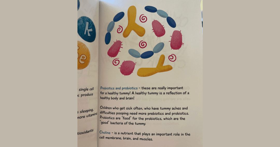 Children's book page about prebiotics, probiotics, and choline, with colorful illustrations of bacteria and microbes.