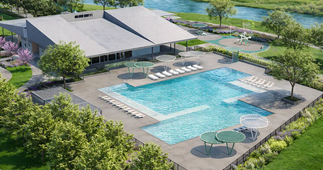 Rendering of an outdoor pool with lounge chairs, shade canopies, a clubhouse, playground and river beyond.