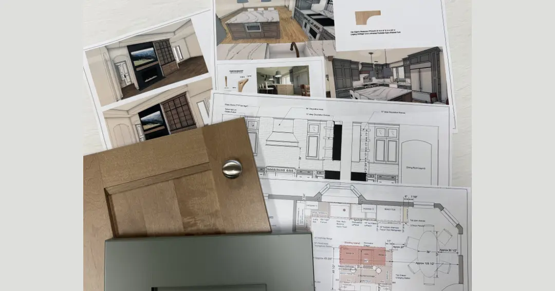 Kitchen remodel design plans, 3D renderings, floor layouts, and a wood cabinet door sample with metal knob.