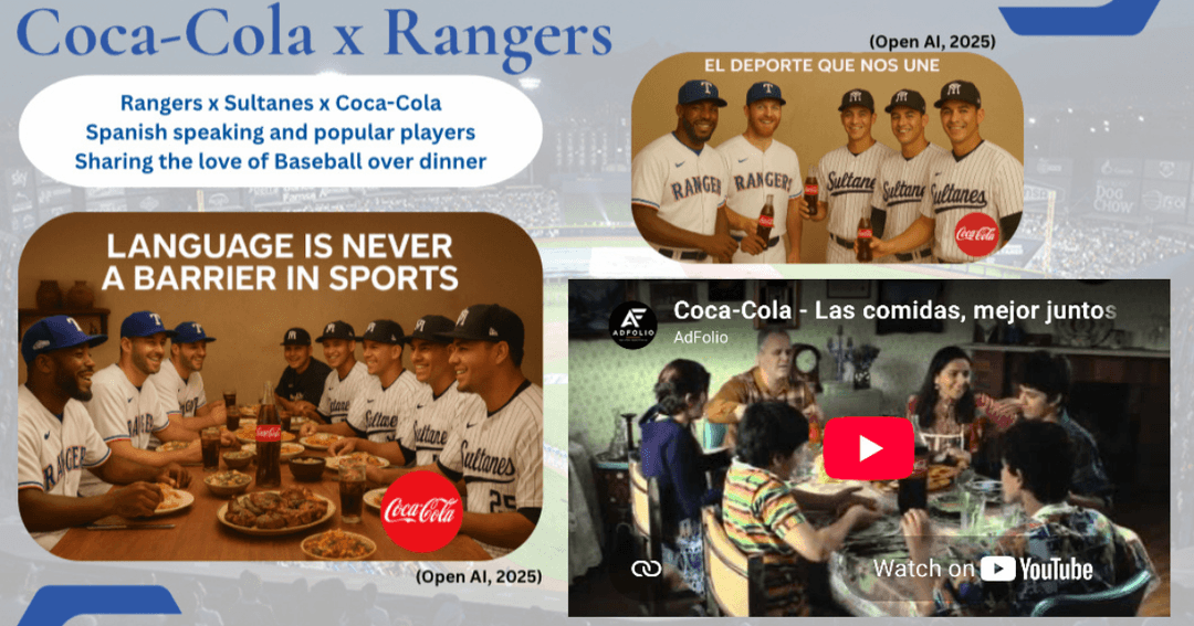 Coca-Cola x Rangers slide with baseball players sharing dinner and a YouTube video on sharing baseball across languages.