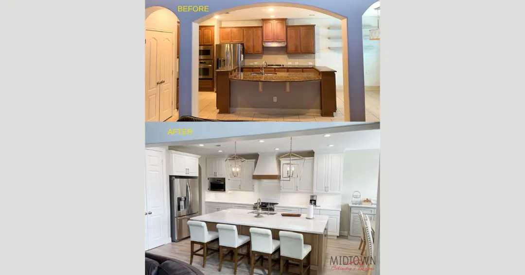 Before and after kitchen remodel: dark wood cabinets transformed to white cabinets with island and pendant lighting.