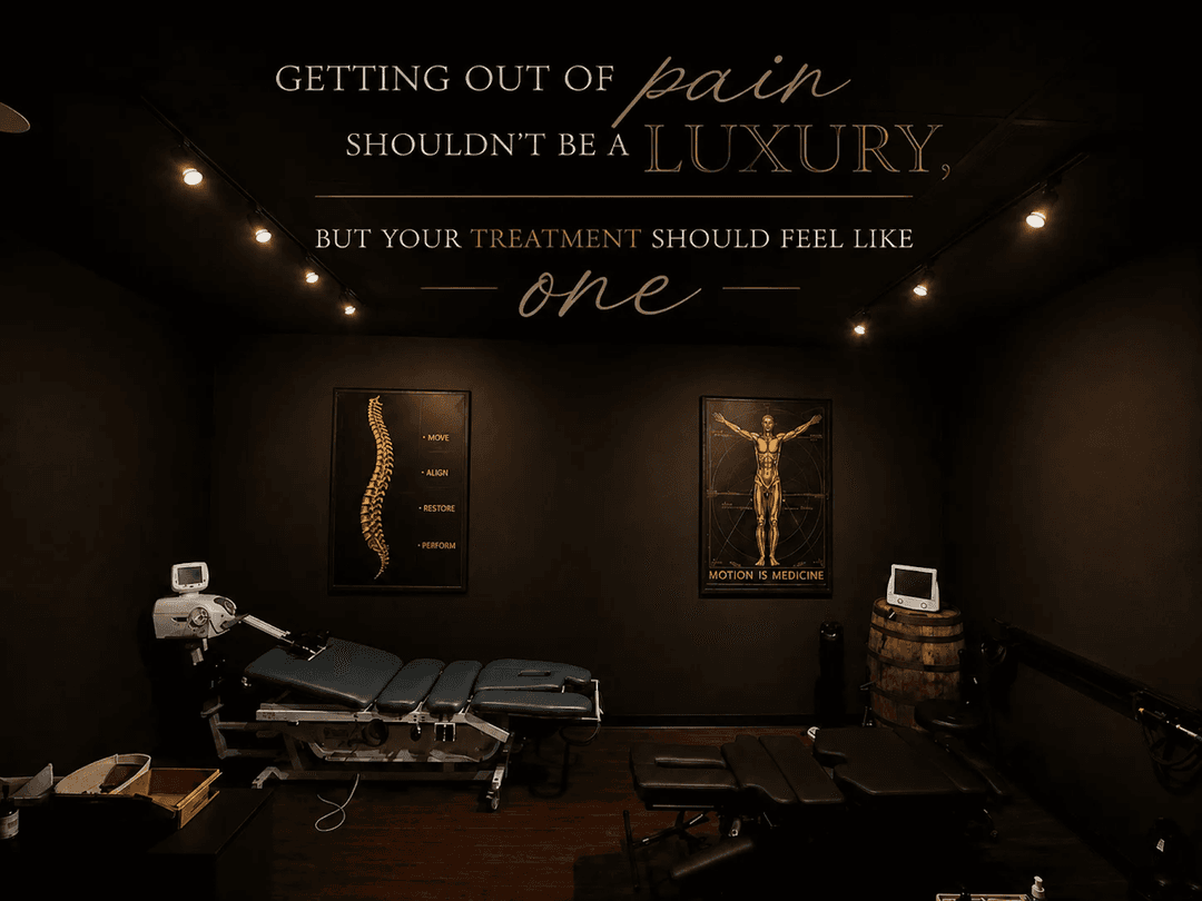 Dark chiropractic treatment room with adjustment tables, spine and anatomy posters, and text about pain treatment as luxury.