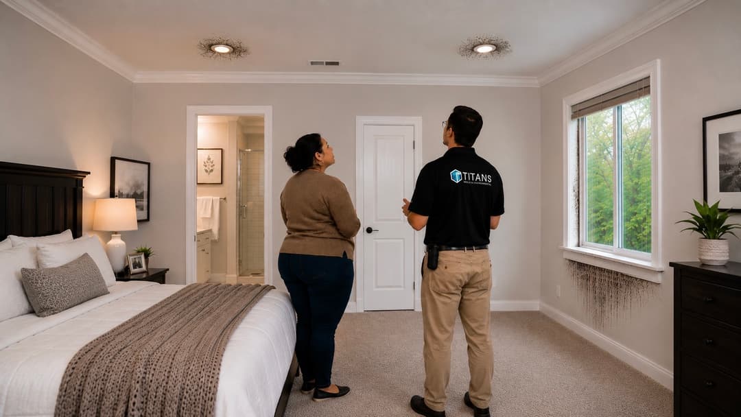 Titans Mold inspector and woman examine mold stains on bedroom ceiling and wall below window.