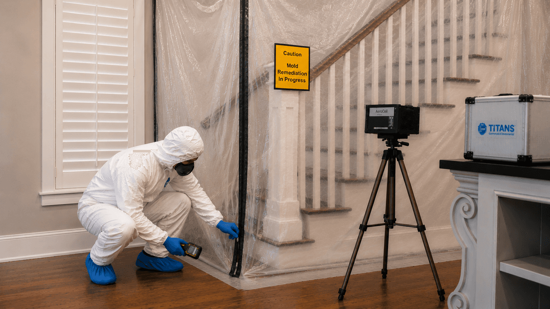 Worker in protective suit and mask inspects plastic barrier by staircase with "Mold Remediation In Progress" caution sign.