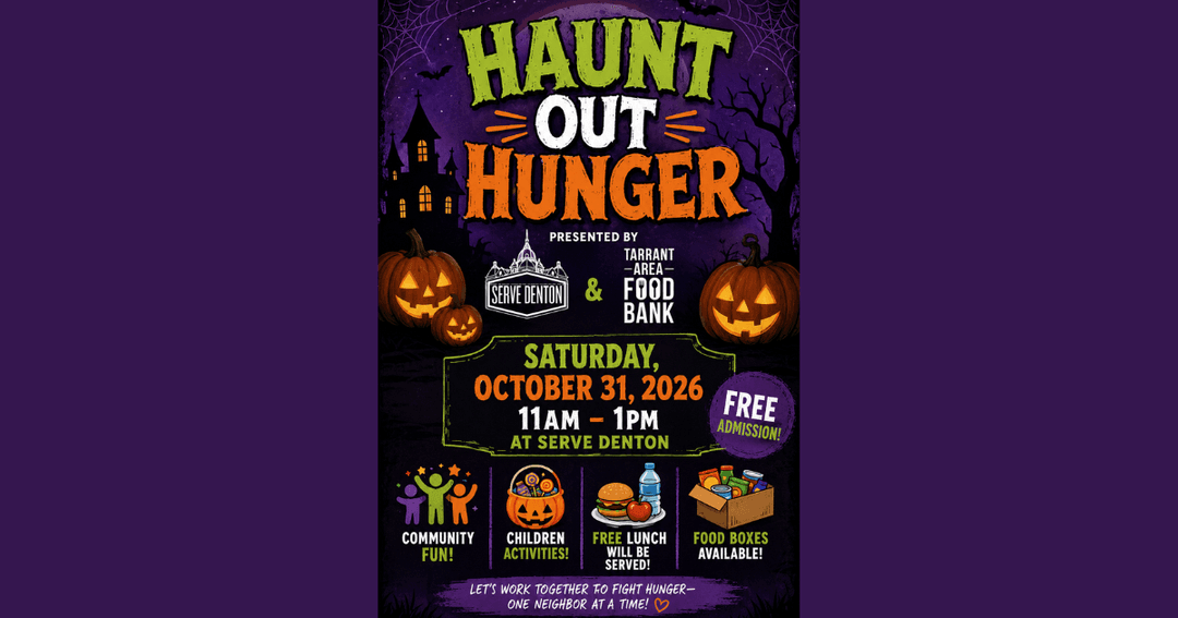 Haunt Out Hunger flyer, Saturday October 31 2026, 11am-1pm at Serve Denton, free admission, food event.