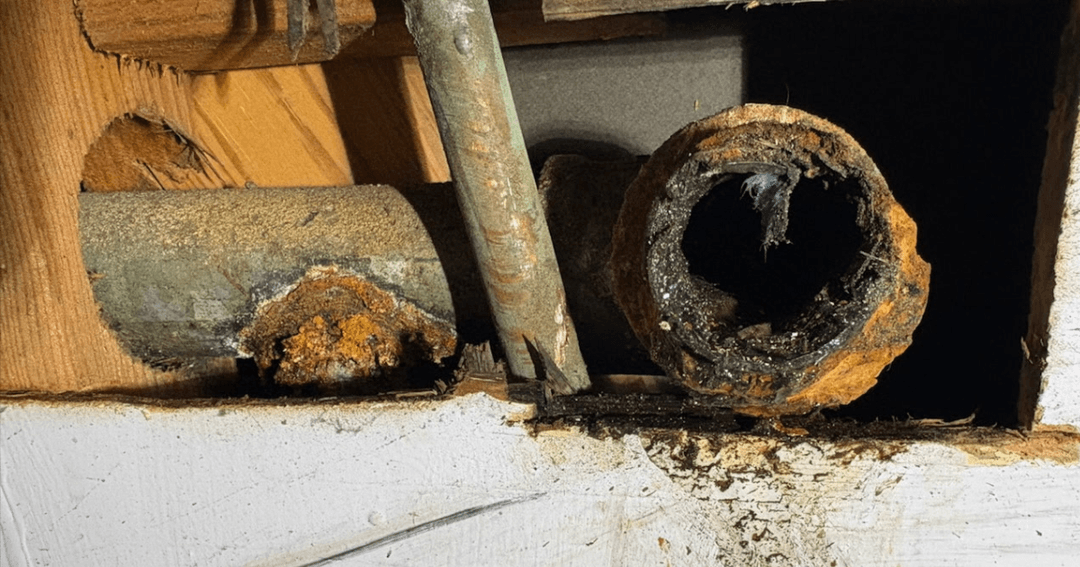 Corroded, rusted metal pipes with heavy buildup exposed in a wall cavity behind wooden framing.