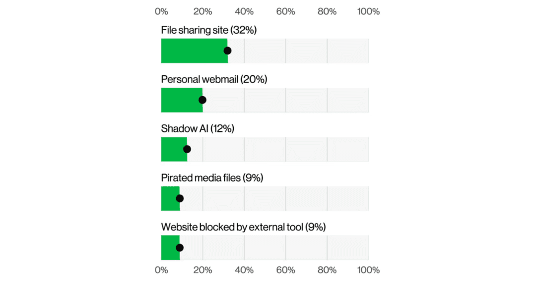 Bar chart: File sharing 32%, personal webmail 20%, shadow AI 12%, pirated media 9%, blocked website 9%.