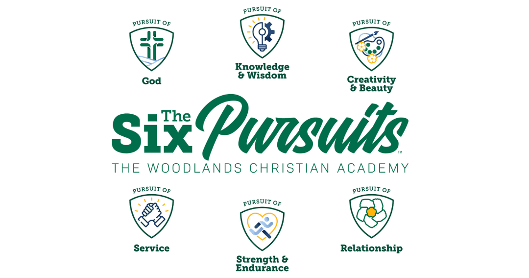 The Six Pursuits of The Woodlands Christian Academy: God, Knowledge, Creativity, Service, Strength, Relationship.