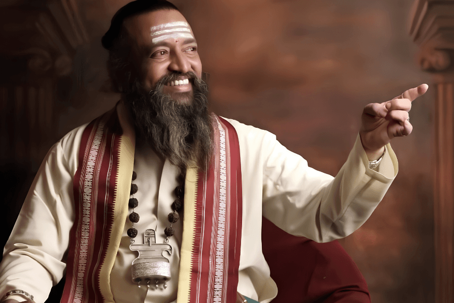 Smiling bearded man with forehead markings and rudraksha beads points, wearing traditional Indian attire.