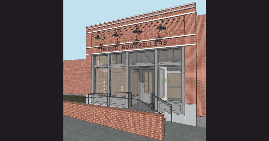 3D rendering of Frisco Booksellers storefront, a brick building with large windows and gooseneck lamps.