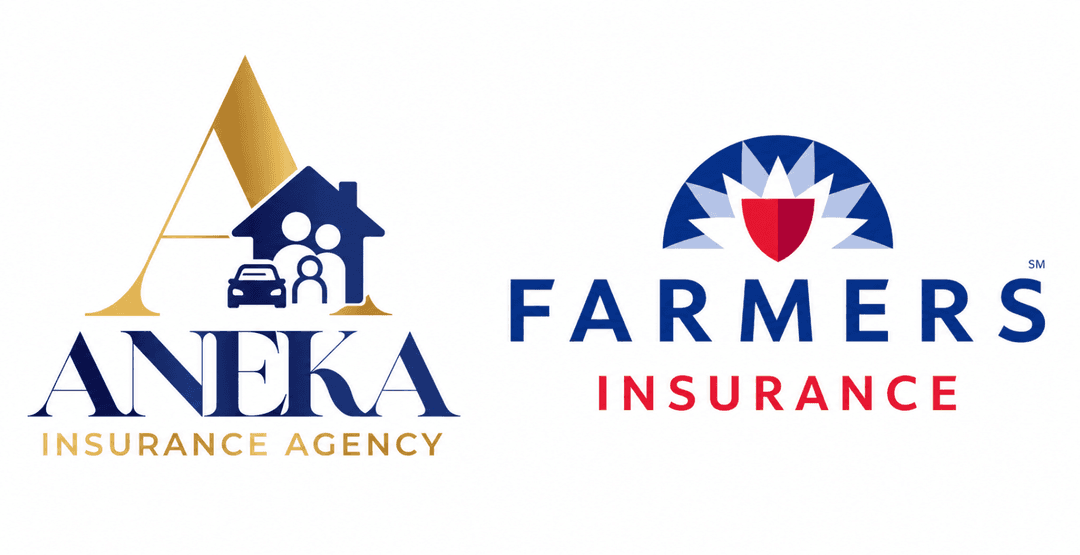 Aneka Insurance Agency logo with house, family, and car icons, alongside the Farmers Insurance logo.