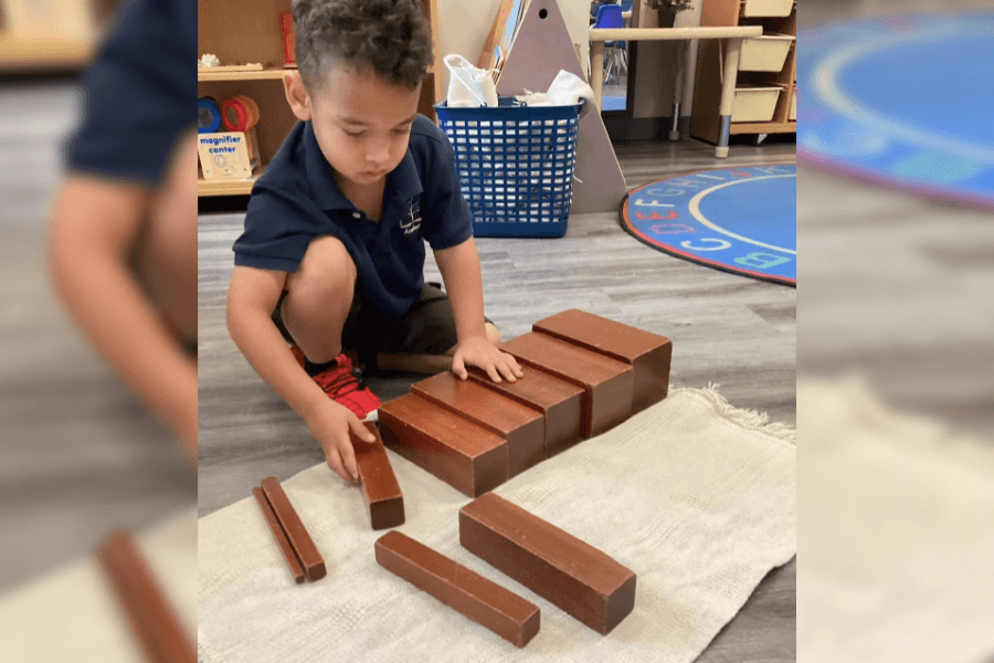 Young child in a navy polo shirt arranges wooden blocks on a mat in a classroom.