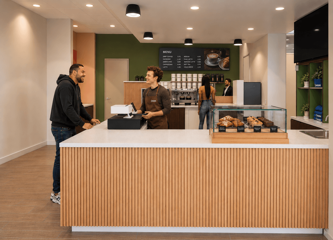 Smiling barista serves a customer at a coffee shop counter with pastry display and menu board.