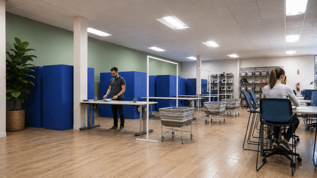 Man reviews papers at a standing desk while a woman works nearby in a spacious office with blue partitions and carts.