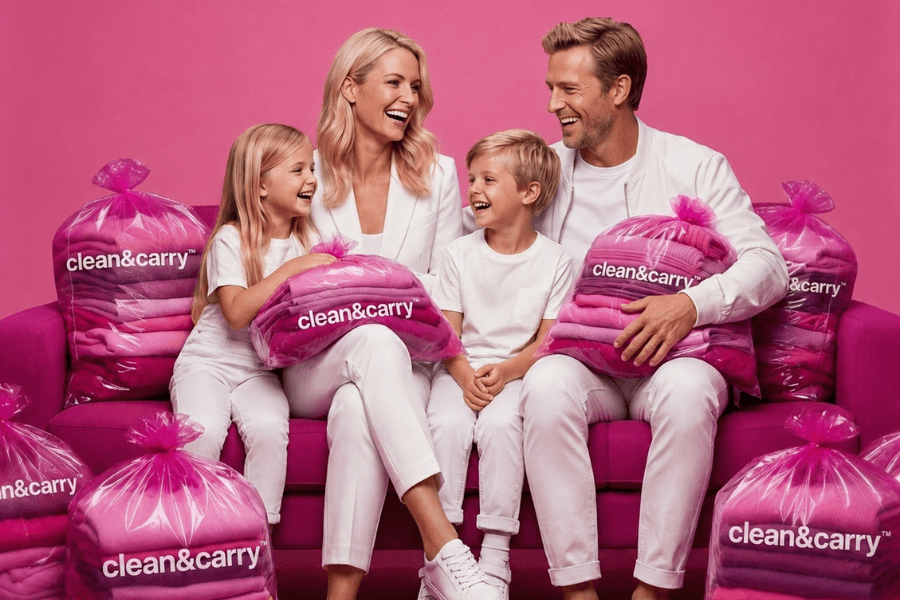 Smiling family in white on pink couch surrounded by pink "clean&carry" laundry bags.
