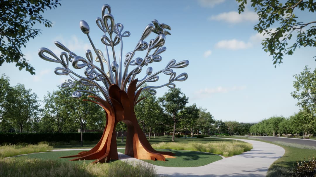 Tree-shaped sculpture with rusted metal trunk and shiny curling steel branches in a park beside a curving path.