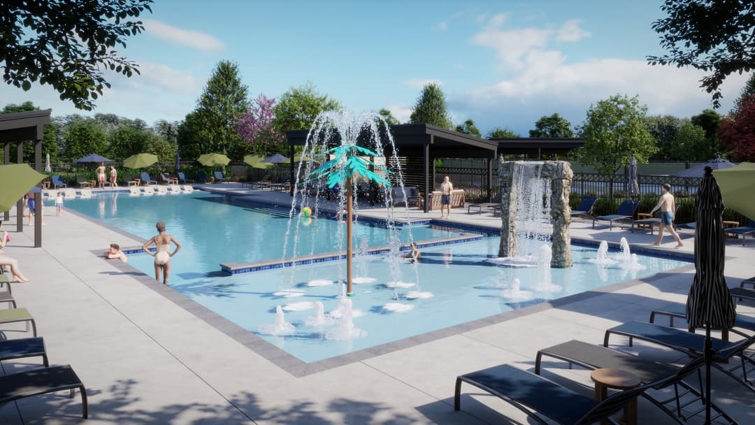 Rendering of an outdoor pool with palm-tree and rock waterfall splash features, lounge chairs, umbrellas and cabanas.