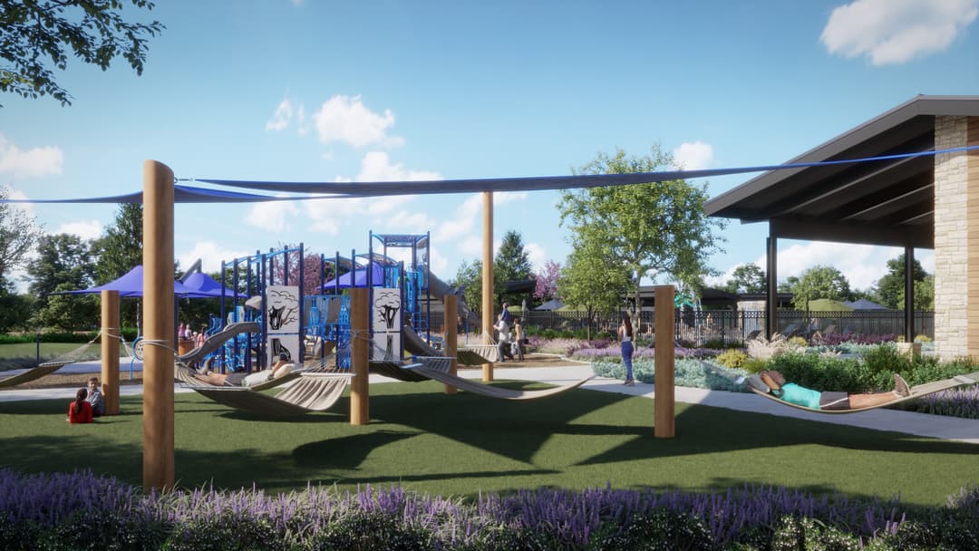 Rendering of a shaded park playground with hammocks, blue play structure, lavender plantings and people relaxing.