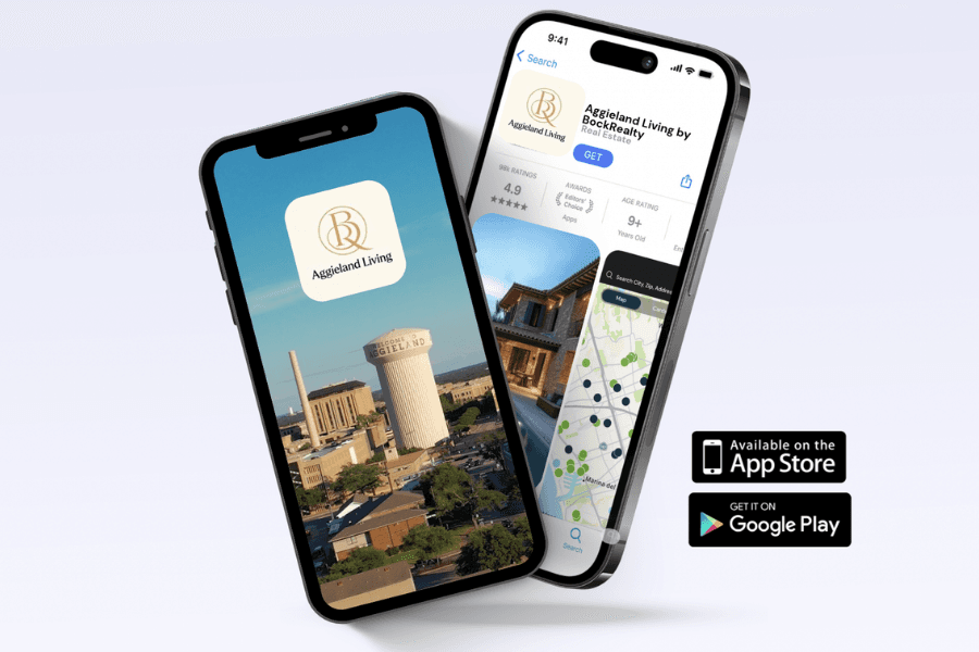 Two smartphones display the Aggieland Living by BockRealty app, with App Store and Google Play download badges.