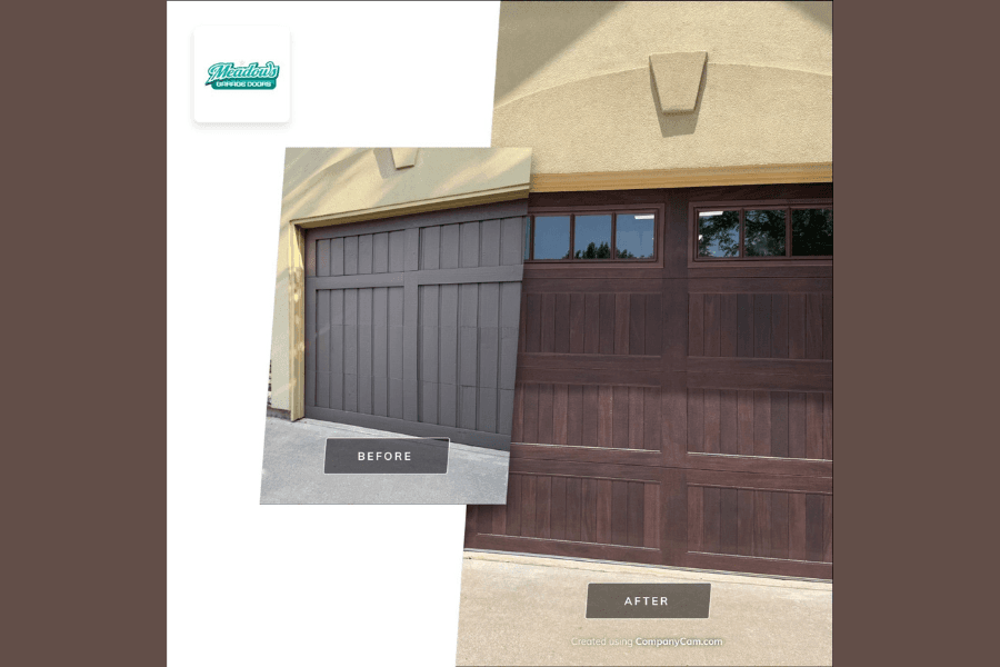 Before and after comparison of garage door replacement, from plain gray door to dark wood-look door with windows.