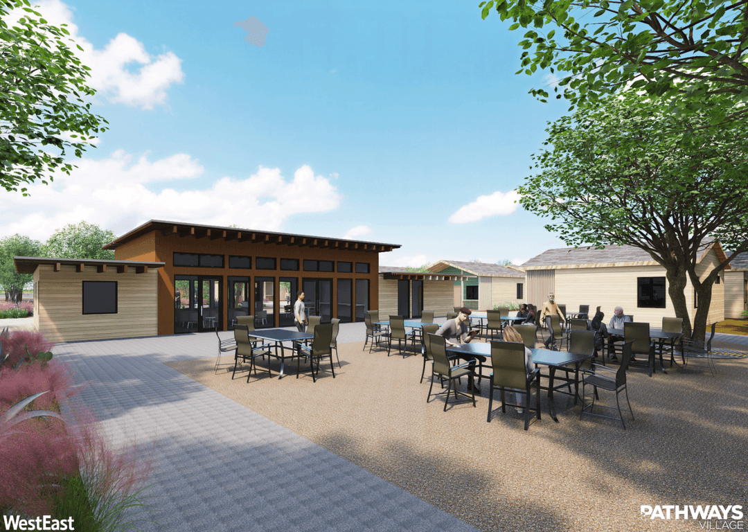 Rendering of Pathways Village outdoor courtyard with people at tables beside modern buildings and trees.