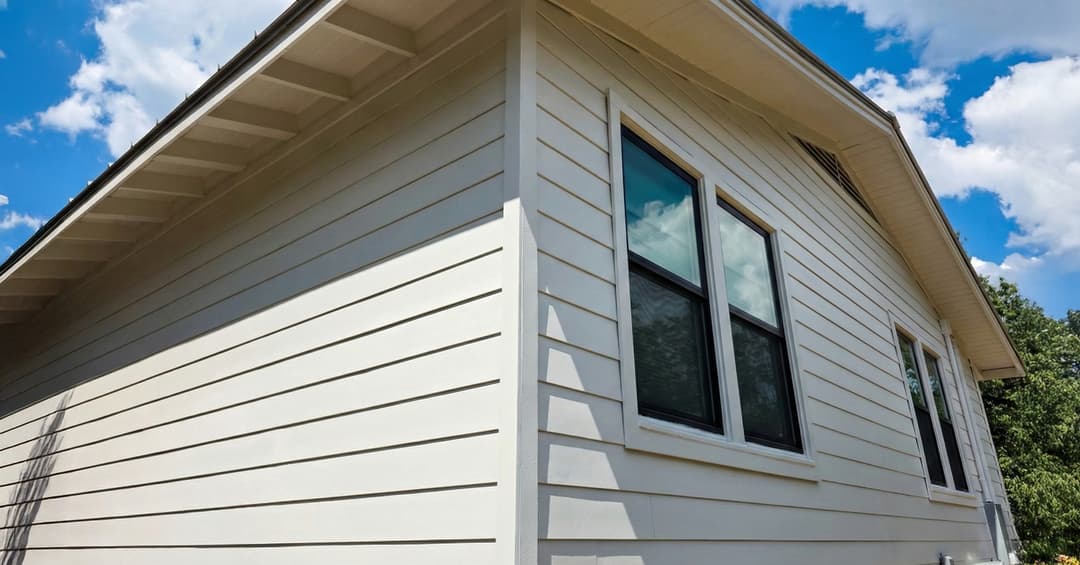 Corner of a house with beige horizontal siding and windows under a blue sky with clouds.