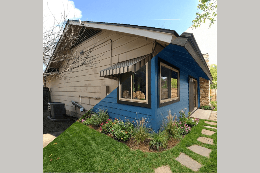 Split image showing house exterior half tan and half blue, with garden, flowers, and stone walkway.