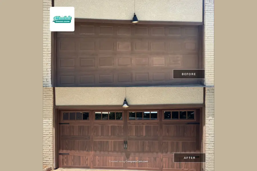Before and after garage door replacement: plain brown door above, wood-look door with windows below.