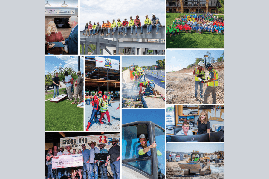 Collage of Crossland Construction workers, staff, group photos, job sites, and community events.
