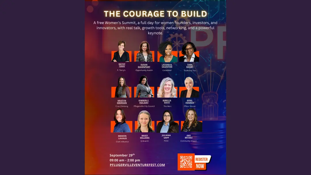 The Courage to Build" Women's Summit flyer, Sept 29, 9am-2pm, with 12 speaker headshots and QR code to register.