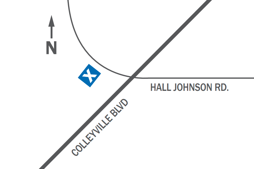 Map showing location marker near intersection of Colleyville Blvd and Hall Johnson Rd, with north arrow.