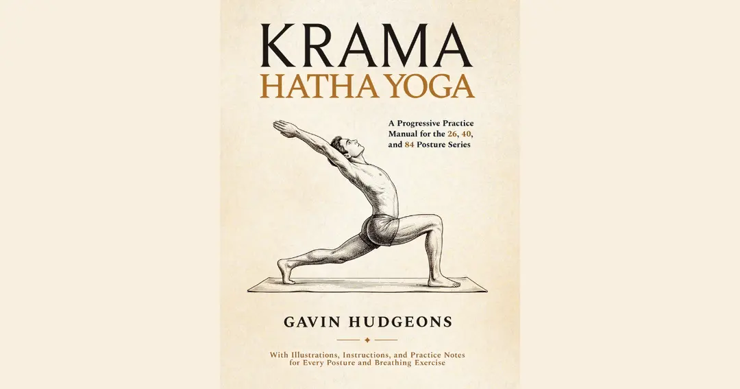 Book cover "Krama Hatha Yoga" by Gavin Hudgeons, with illustration of a man in a lunge yoga pose.