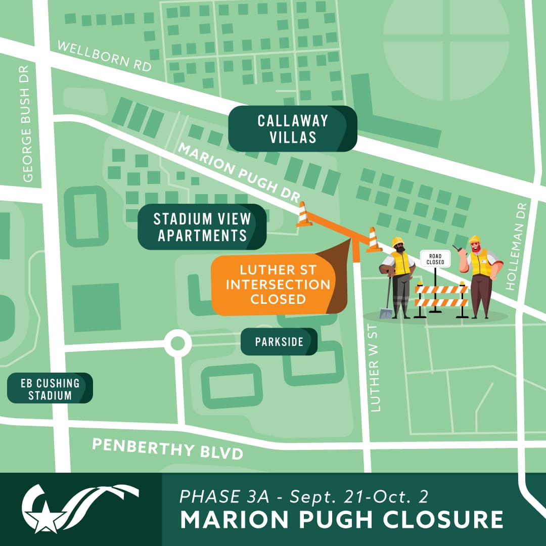 Map of Marion Pugh Dr and Luther St closure, Phase 3A Sept. 21-Oct. 2, showing detour near campus apartments.
