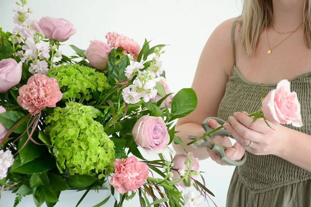 Florist trims a pink rose stem with shears beside a lush arrangement of roses, carnations and green hydrangeas.