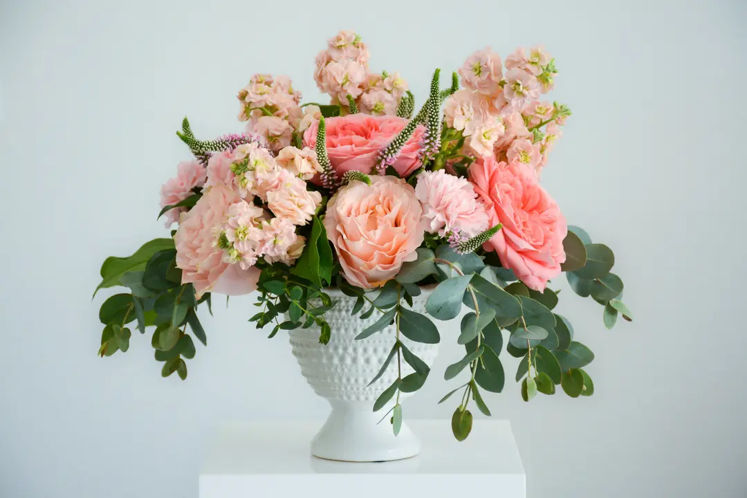 Arrangement of pink flowers and green leafy stems in a white vase, set against a gray background