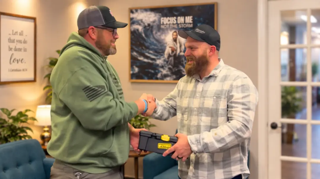 Two men shake hands while exchanging a toolbox in a room with faith-themed wall art.
