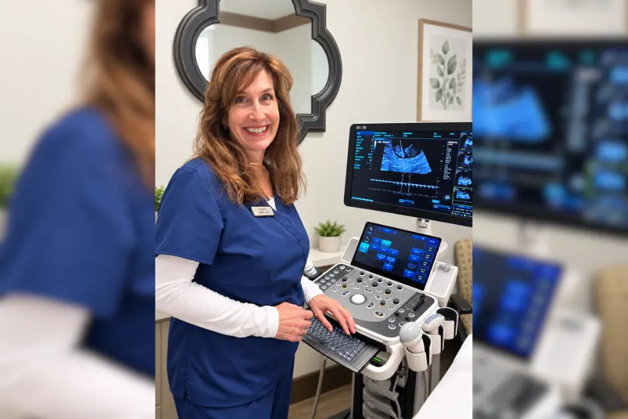 Smiling woman in blue scrubs standing beside an ultrasound machine displaying scan images in a clinic.