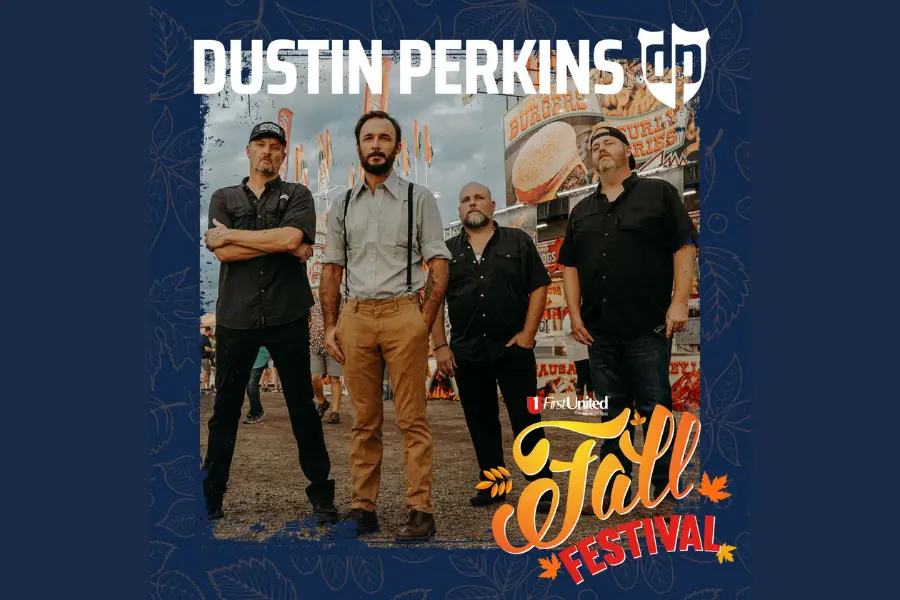 Promo for Dustin Perkins band at First United Fall Festival, showing four musicians at a fairground.